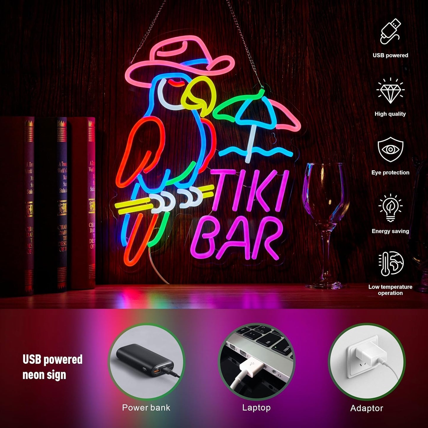 Tiki Bar Parrot Neon Sign for Wall Decor Hawaii Beach Bar LED Light up Signs with Dimmer for Pub Party Man Cave Room Art Decor Gift