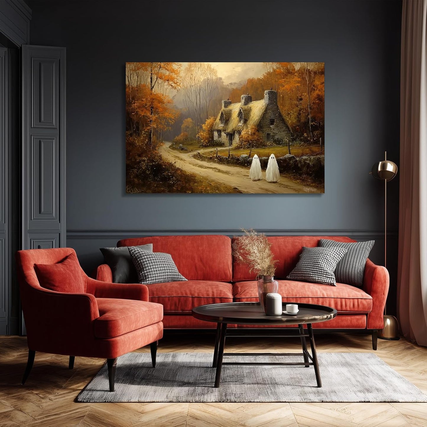 Laoife Halloween Canvas Wall Art, Vintage Spooky Farmhouse Autumn Rustic Landscape Wall Decoration, Ghost on Rural Roads for Living Room Bedroom Home Decor (Ghost 2)