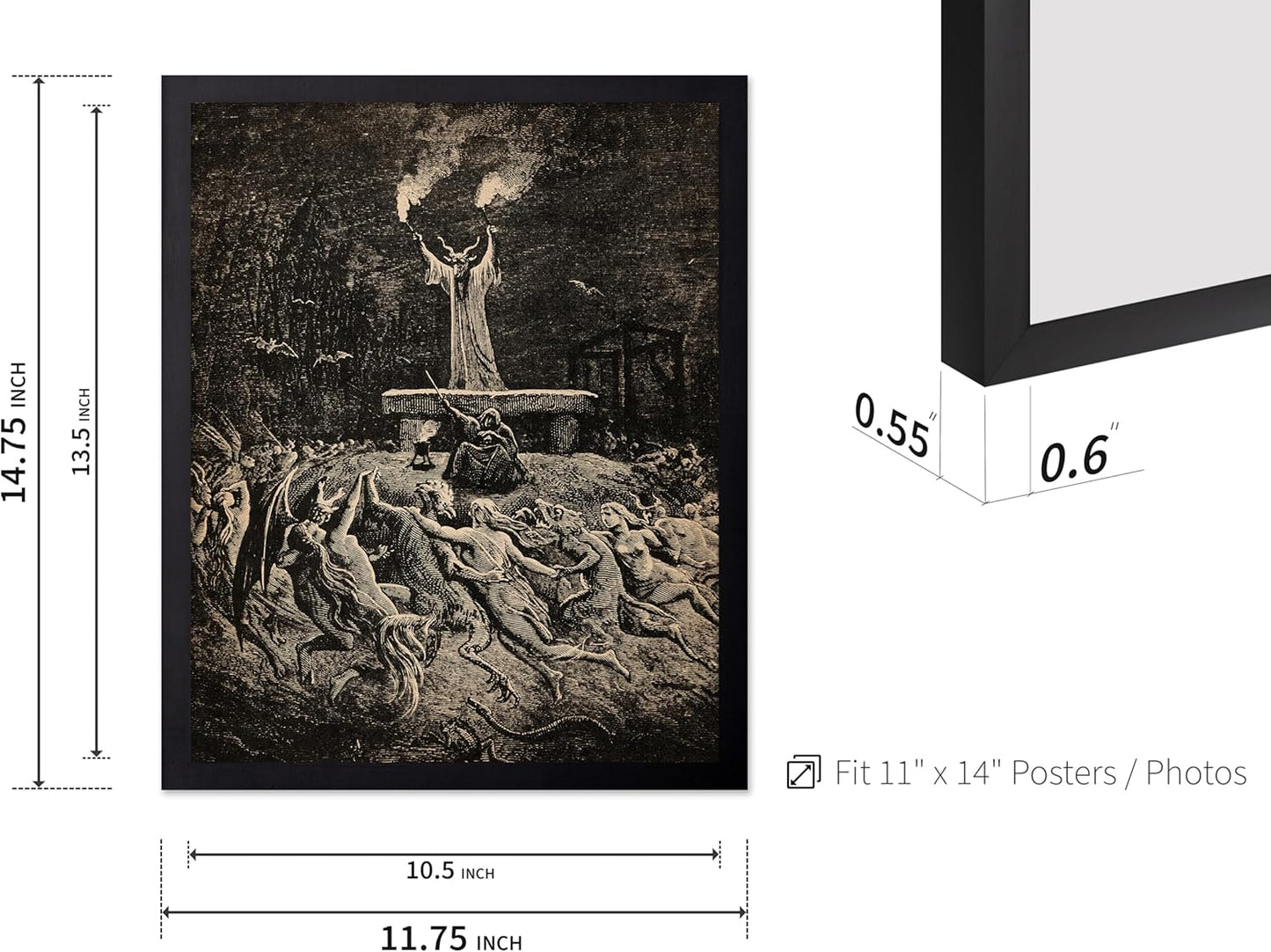 Poster Master Vintage Gustave Dore Poster - Retro Illustration Print - Gift for Gothic, Horror Fan - Dance of Sabbath, Witch, Magic, Spell - Wall Decor for Bedroom, Dorm, 11x14 Black Framed
