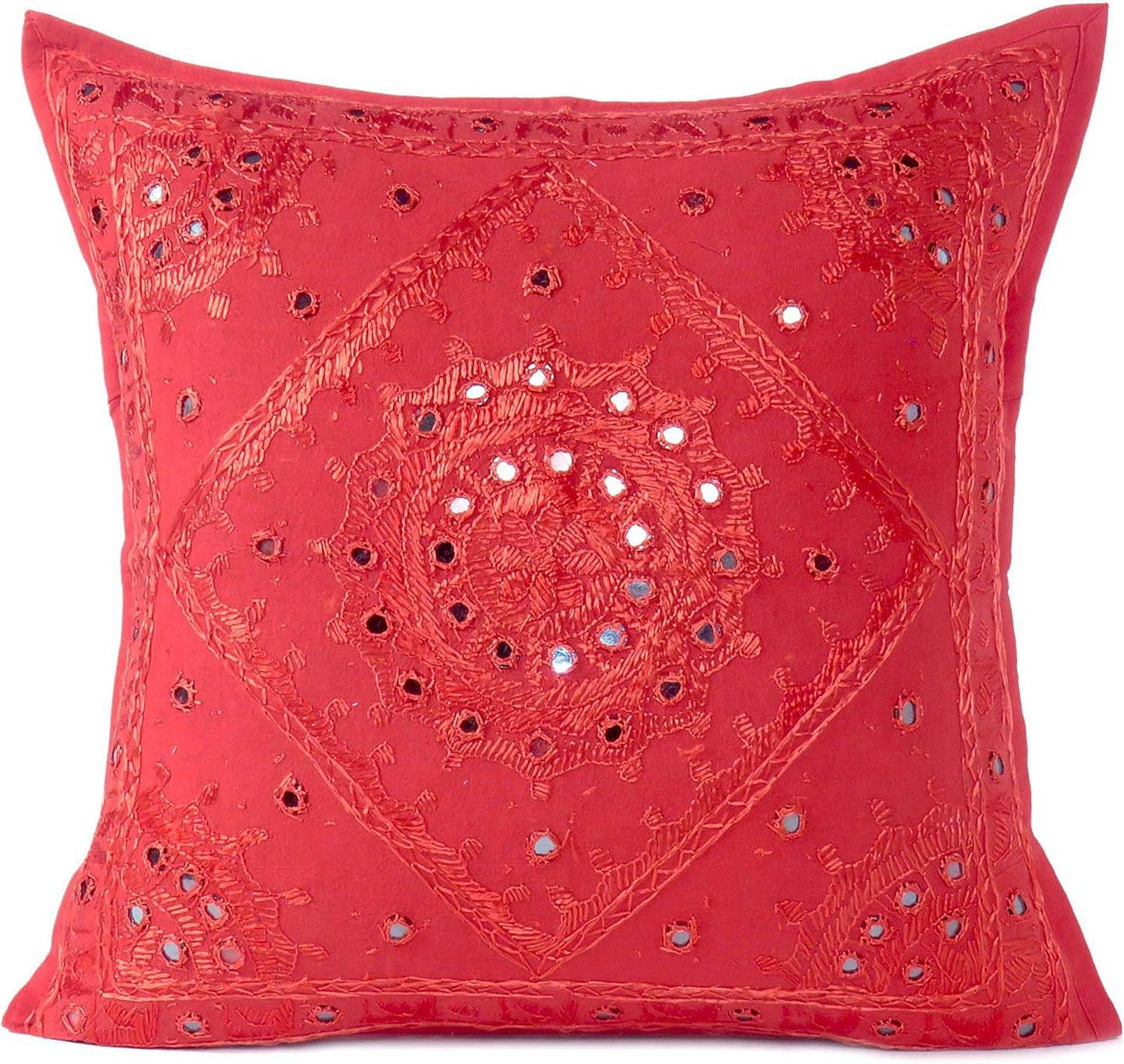 Eyes of India Embroidered Decorative Boho Throw Pillow Cover with Mirrors, Handmade Bohemian Accent Cushion Case for Sofa Couch Bedroom Living Room (Red, 16" x 16")