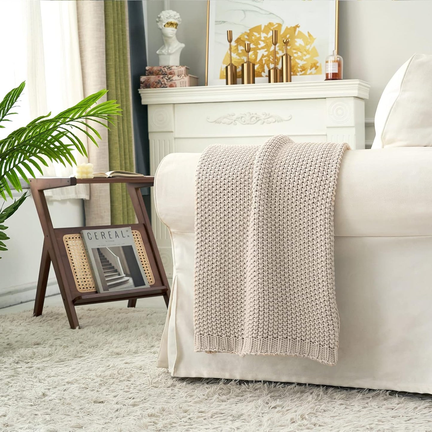 Longhui bedding Chunky Cable Knit Throw Blanket Lightweight Beige 100% Organic Cotton Blanket for Sofa Couch Bed Baby Nursery, Rustic Shabby Chic Modern Farmhouse, 60” x 80”