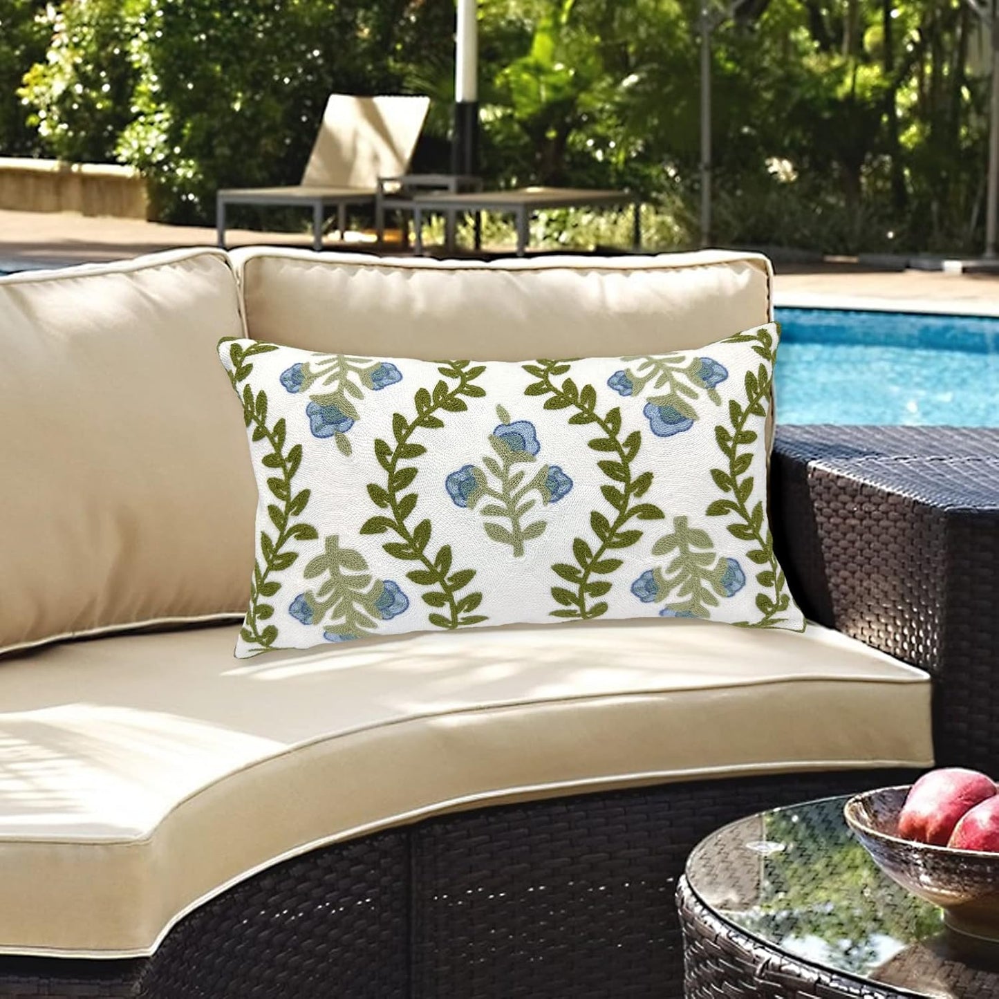 Alysheer Summer Floral Embroidered Decorative Throw Pillow Cover 12"x 20", Farmhouse Blue Flowers Green Leaves Patterned Cotton Canvas Lumbar Cushion Case for Sofa Couch Living Room Cottage Decor