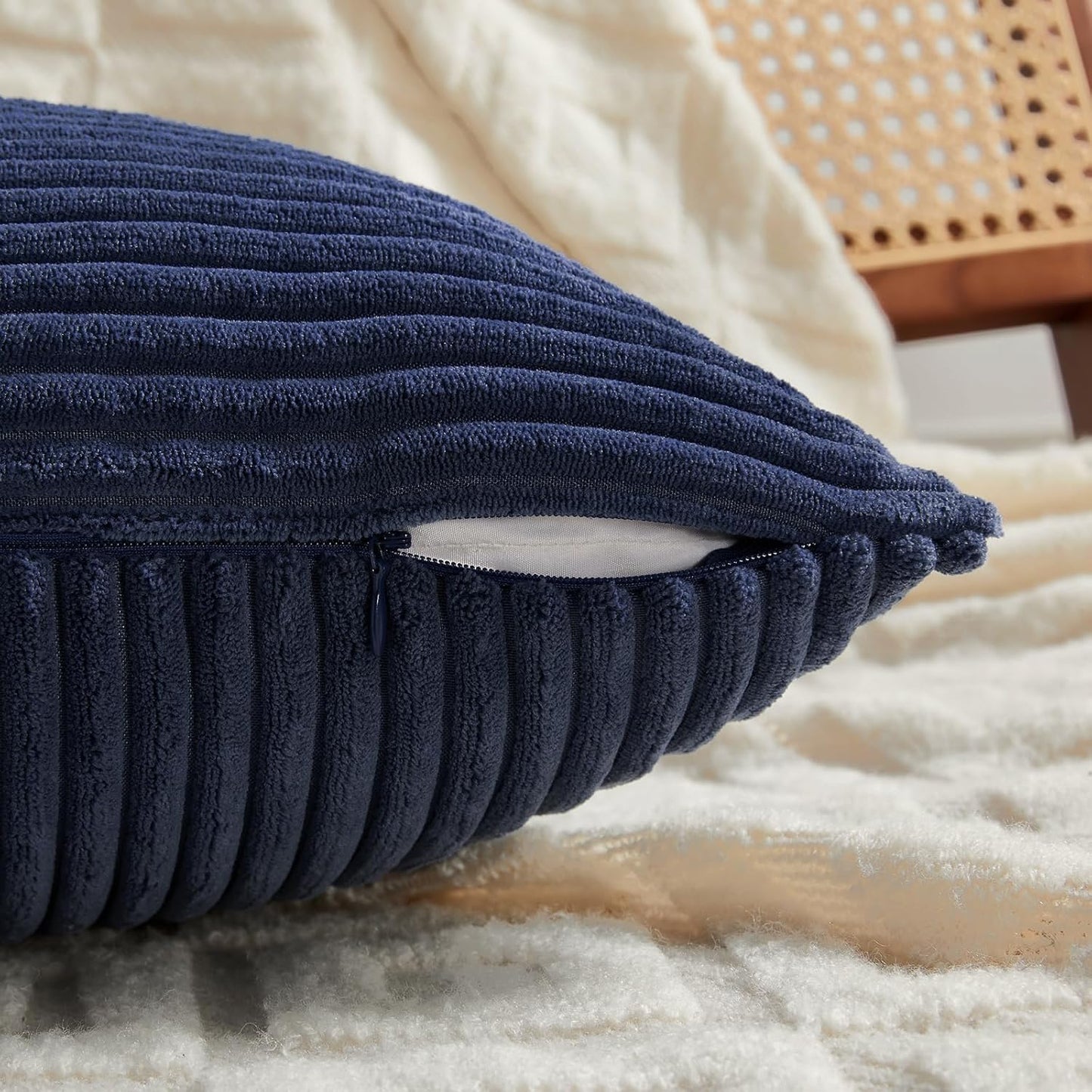 Fancy Homi 2 Packs Navy Blue Lumbar Decorative Throw Pillow Covers 16x32 Inch for Living Room Couch, Rustic Farmhouse Boho Home Decor, Soft Striped Corduroy Rectangle Accent Cushion Case 40x80 cm