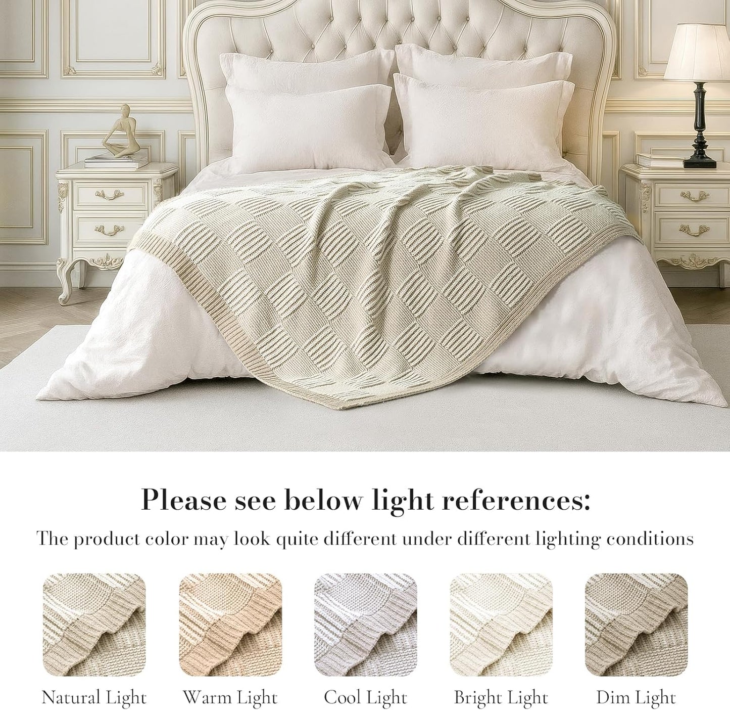 Amélie Home Chenille Knit Throw Blanket for Couch, Checkered Texture Decorative Soft Blanket for Sofa, Bed & Living Room, 50"x60", Khaki & White