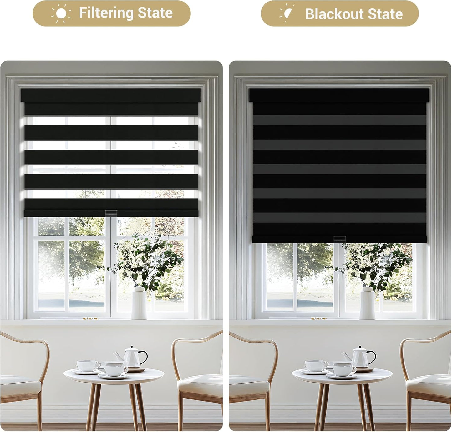 Cordless Zebra Blinds for Windows, Blackout Interior Blinds,Easy to Install,UV Protection,for Offices and Home,Custom Roller Shades, Solid Black, 73" W x 80" H
