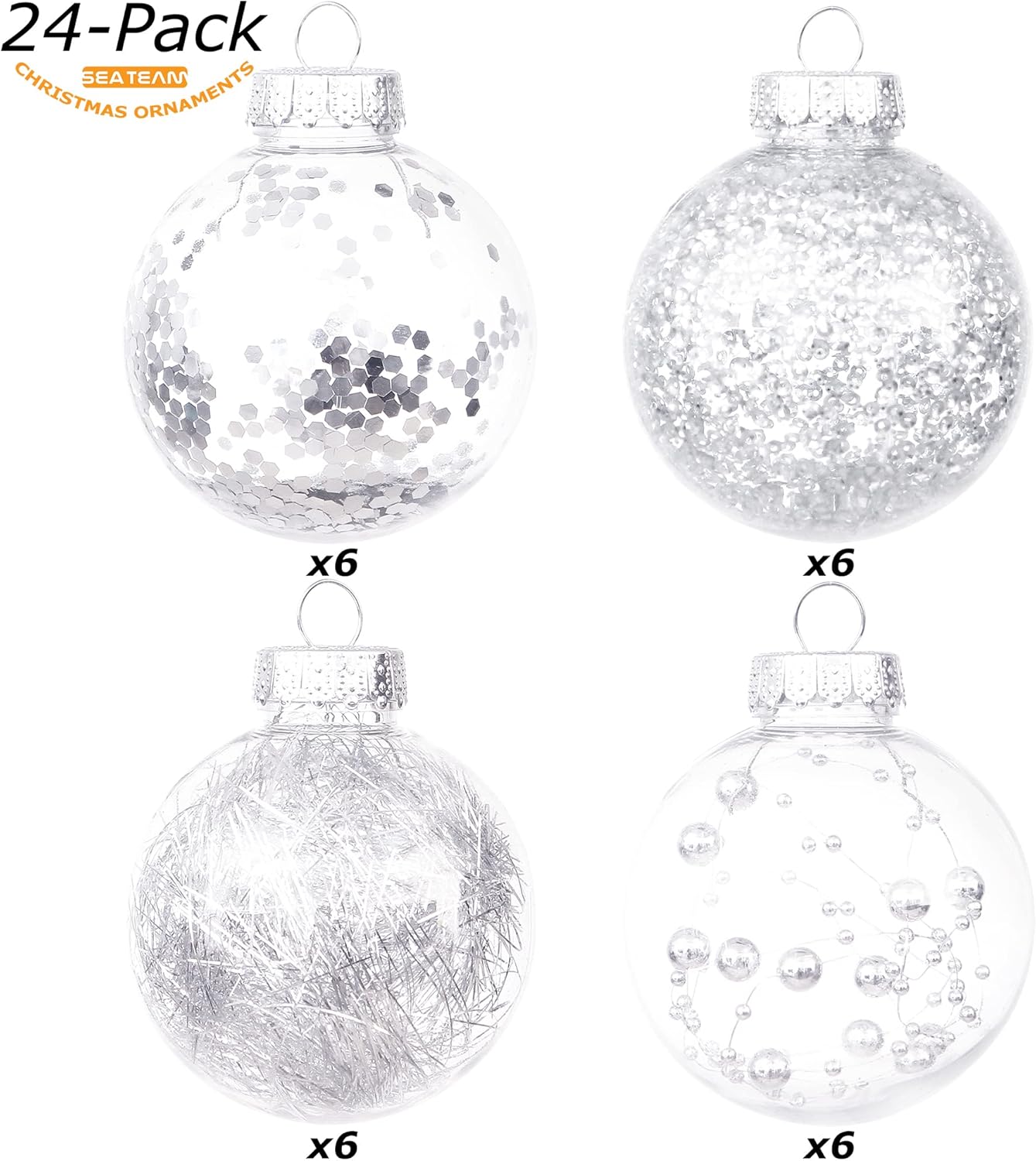 Sea Team 70mm/2.76" Shatterproof Clear Plastic Christmas Ball Ornaments Decorative Xmas Balls Baubles Set with Stuffed Delicate Decorations (24 Counts, Silver)