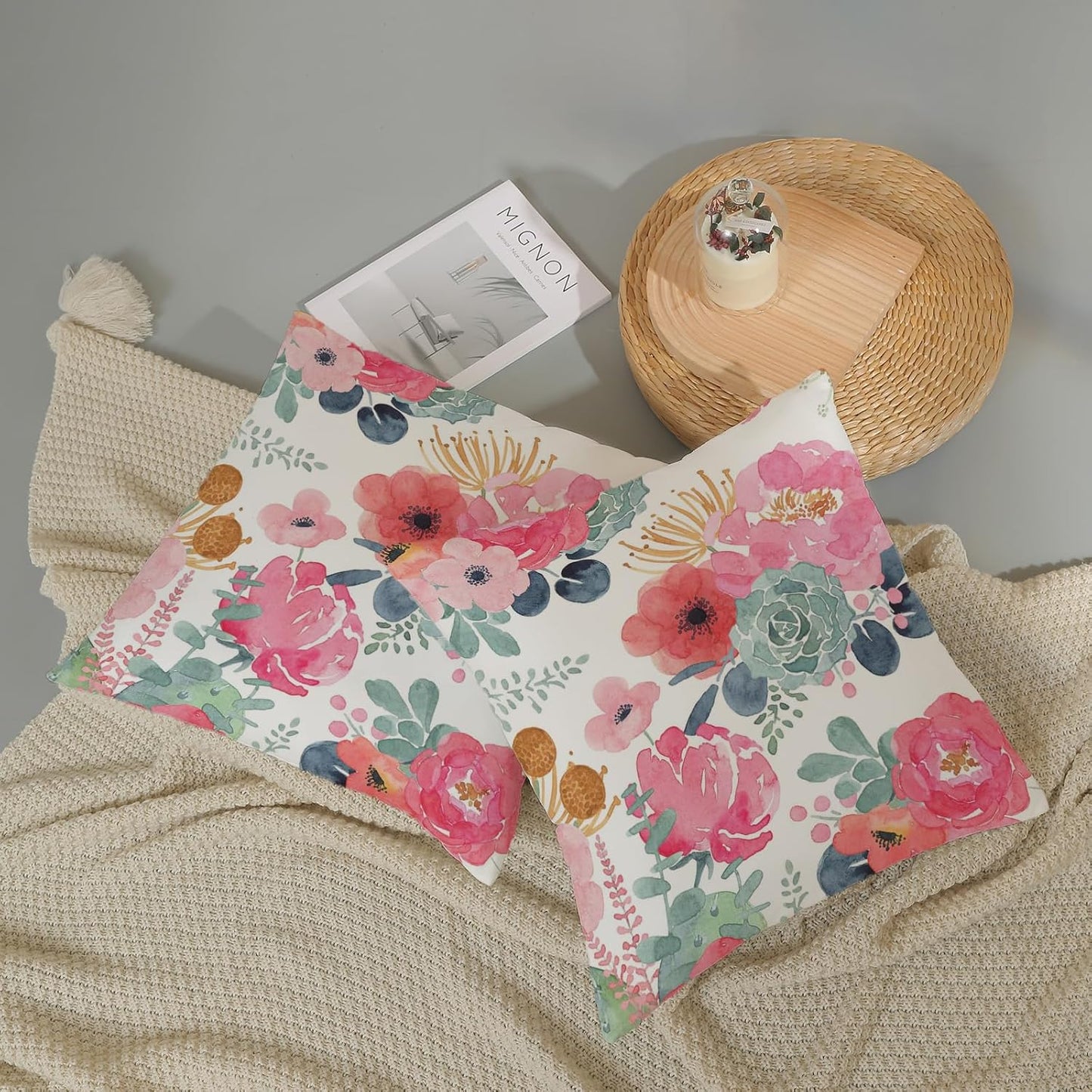 CXMEIFLY Spring Floral Pillow Covers 22 x 22 Inch Set of 2 for Watercolor Pink Flowers Decor Throw Pillows Green Leaves Plant Outdoor Decorative Cushion Cases with Zipper for Couch Bed Decorations