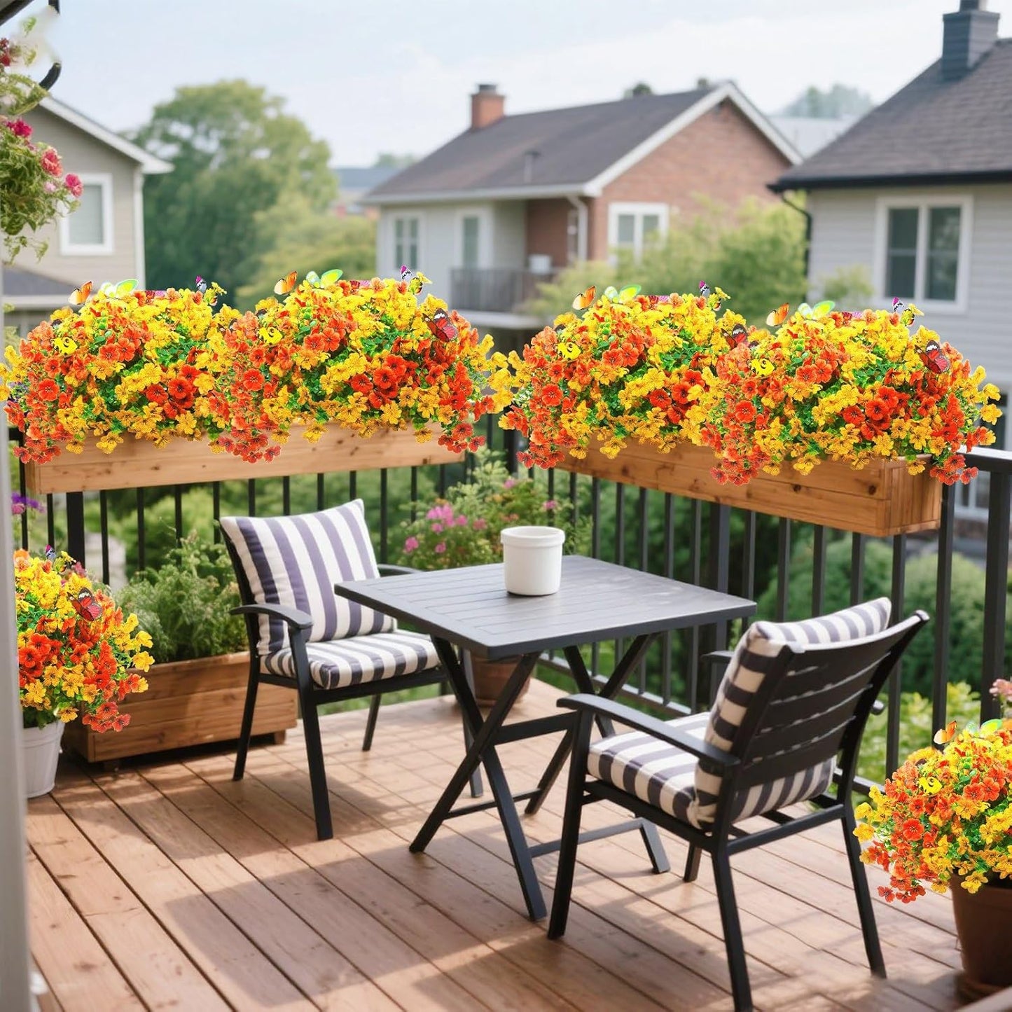 ‌20 Bundles Artificial Flowers for Outdoors‌ with 6 Faux Butterflies, UV Resistant ‌Fake Flowers‌ with Eucalyptus Leaves, ‌Artificial Plants Outdoor‌ for Patio Garden Porch Home Decor (Orange Yellow)
