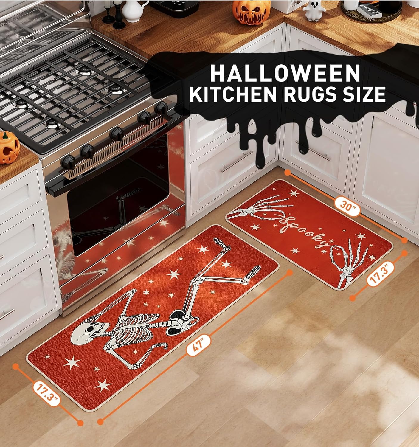 Halloween Kitchen Mat Set of 2, Spooky Skeleton Gothic Halloween Kitchen Decor, Halloween Rug for Floor, Indoor Spooky Home Decor with Non-Slip Backing,17 x 29 Inch & 17 x 47 Inch
