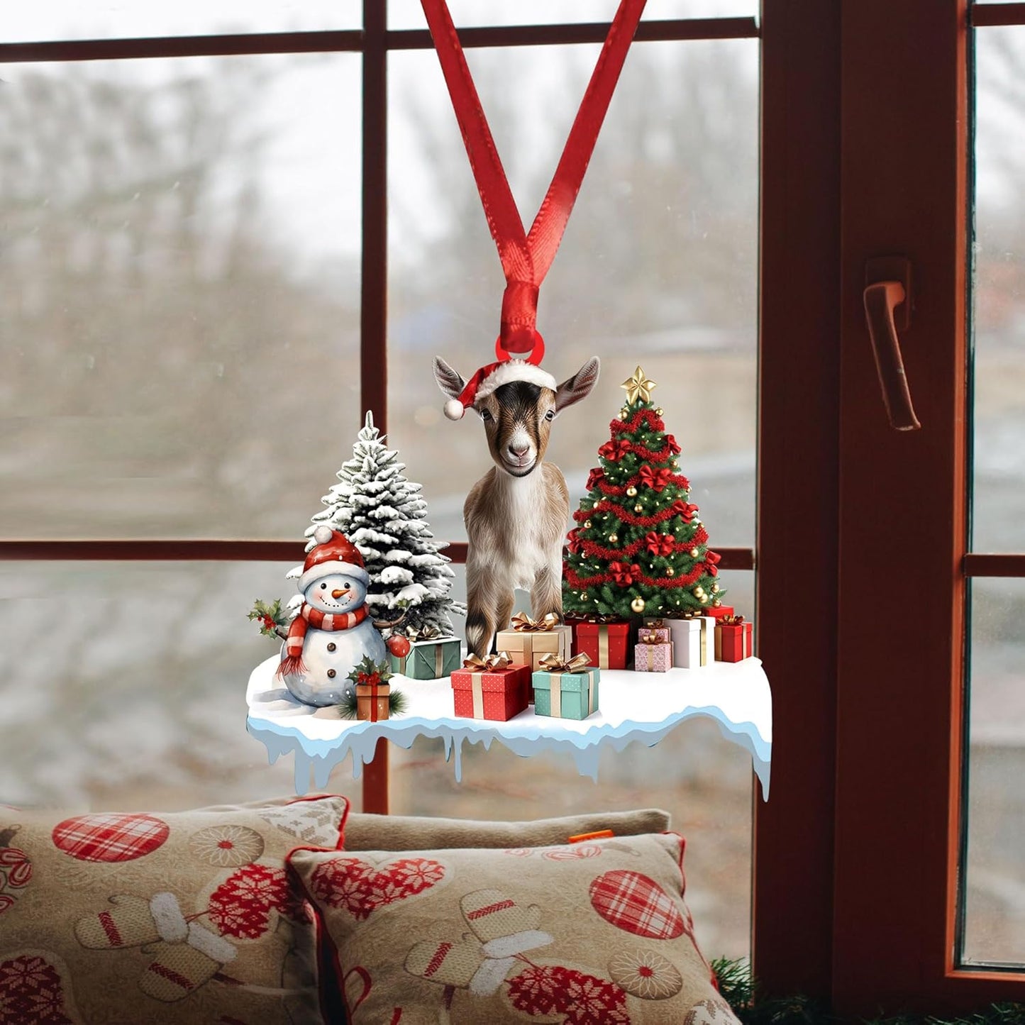 Talataca Goat 2D Flat Christmas Ornament, Goat Gift Boxes Pine Tree Decor, Hanging House Charm Eve Keepsake, Car Rear View Mirror Accessories, Xmas Gift