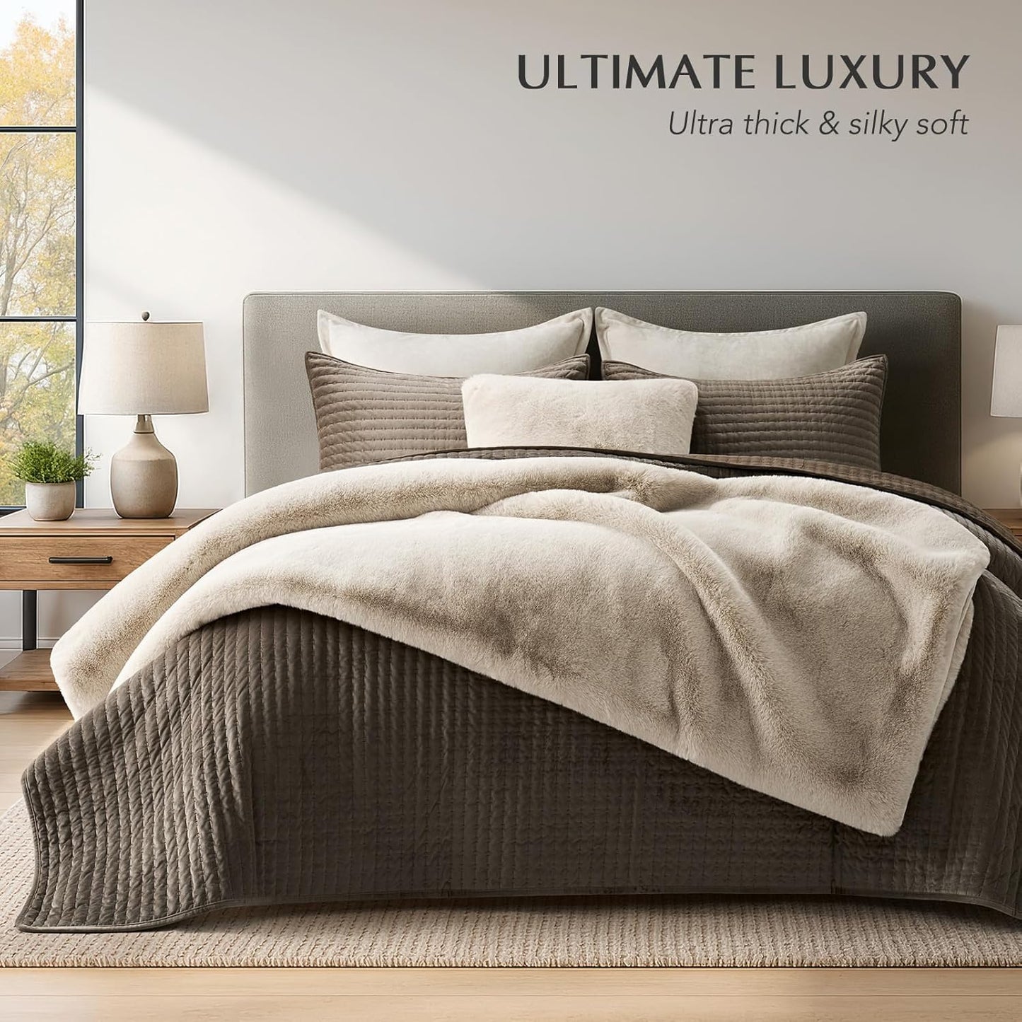 Luxury Soft Faux Chinchilla Fur Throw Blanket for Couch, Warm Thick Heavy Winter Throw Blanket 1220GSM for Bed, Fluffy Cozy Mink Blanket with Reversible Velvet, Birch Mink, 50"x60"