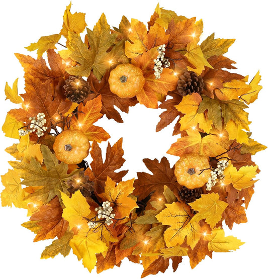 Fall Wreaths for Front Door Outside Autumn Wreath with Lights Berries Pine Cones Fall Decorations for Home Decor Pumpkin Wreath for Farmhouse Holiday Thanksgiving Harvest Halloween Outdoor