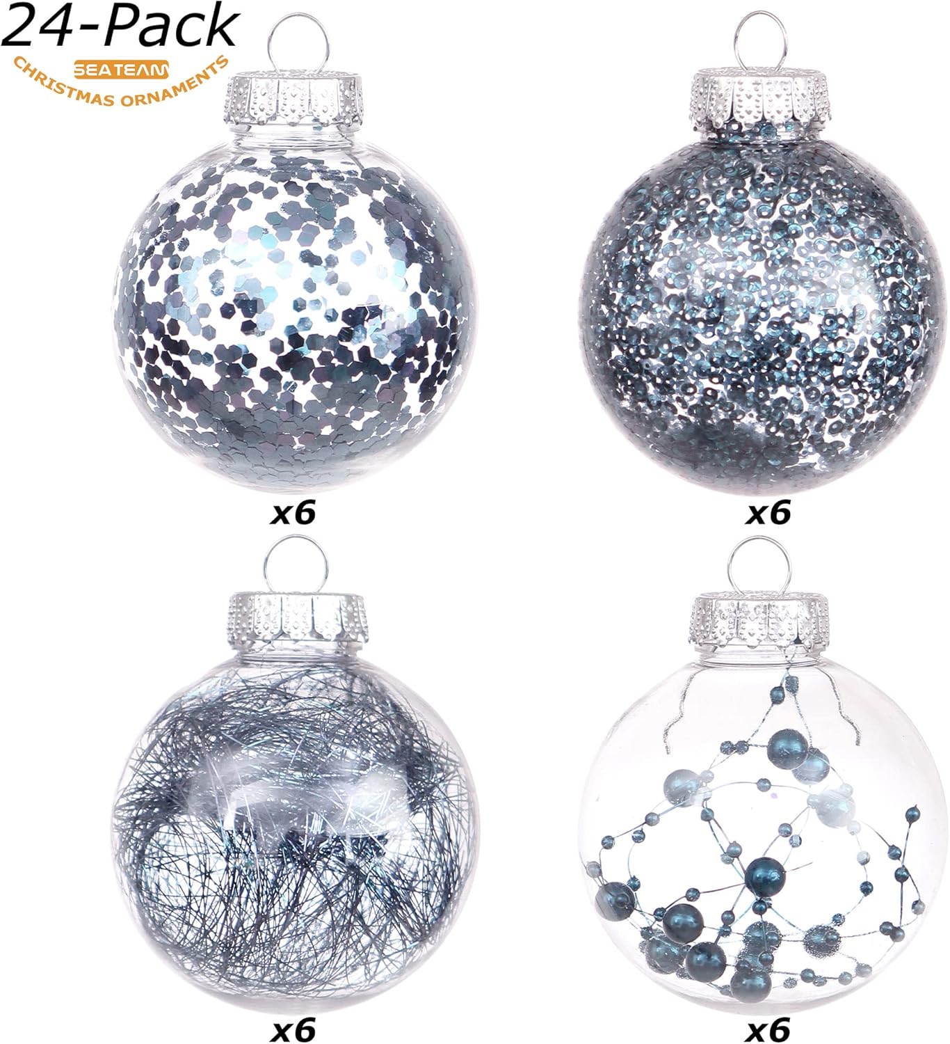 Sea Team Shatterproof Clear Plastic Christmas Ball Ornaments Decorative Xmas Balls Baubles Set with Stuffed Delicate Decorations (70mm/2.76 inch 24-Pack, Stone Blue)