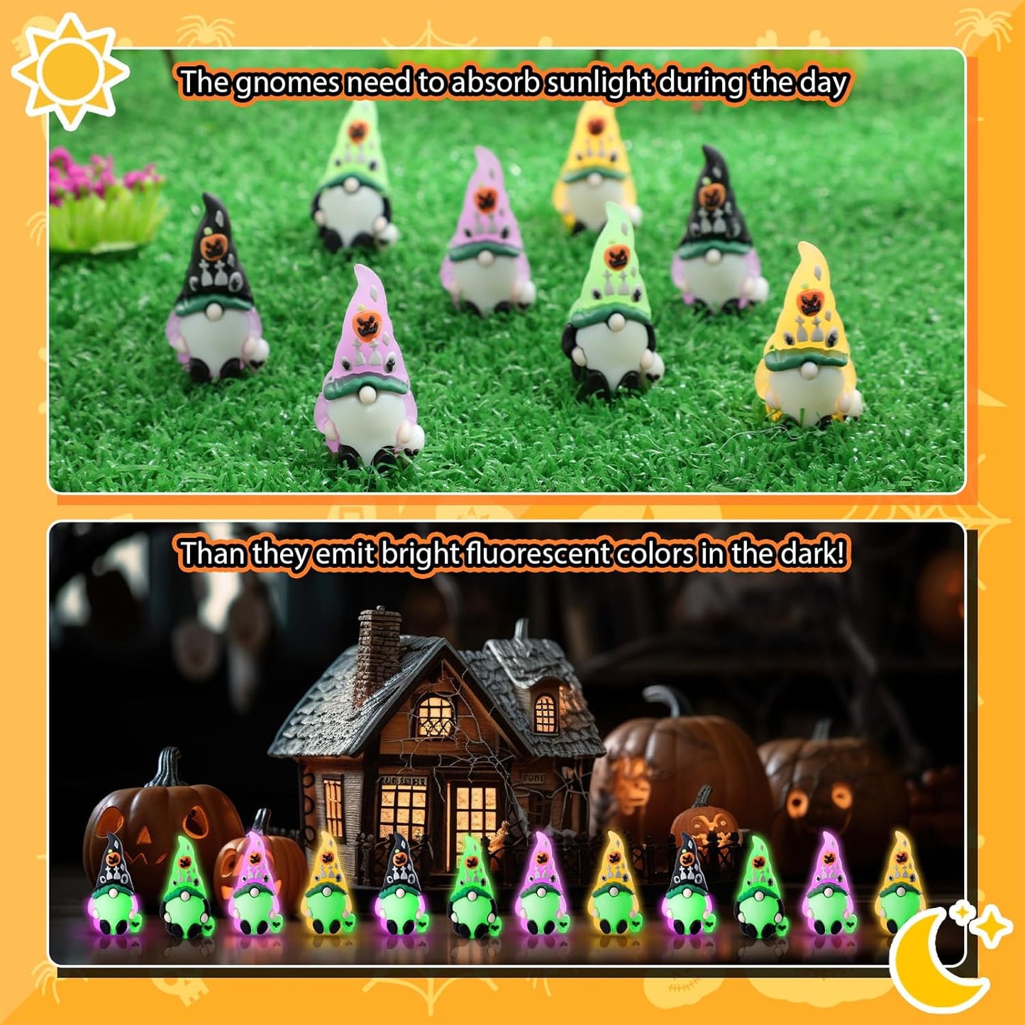 Wesiti 25 Pcs Luminous Halloween Mini Gnomes Figurines Bulk Glow in Dark Miniature Ornaments Hide and Seek Tiny Gnomes Figures Statue Halloween Party Favor Bag Fillers Garden Dollhouse Decor Gifts