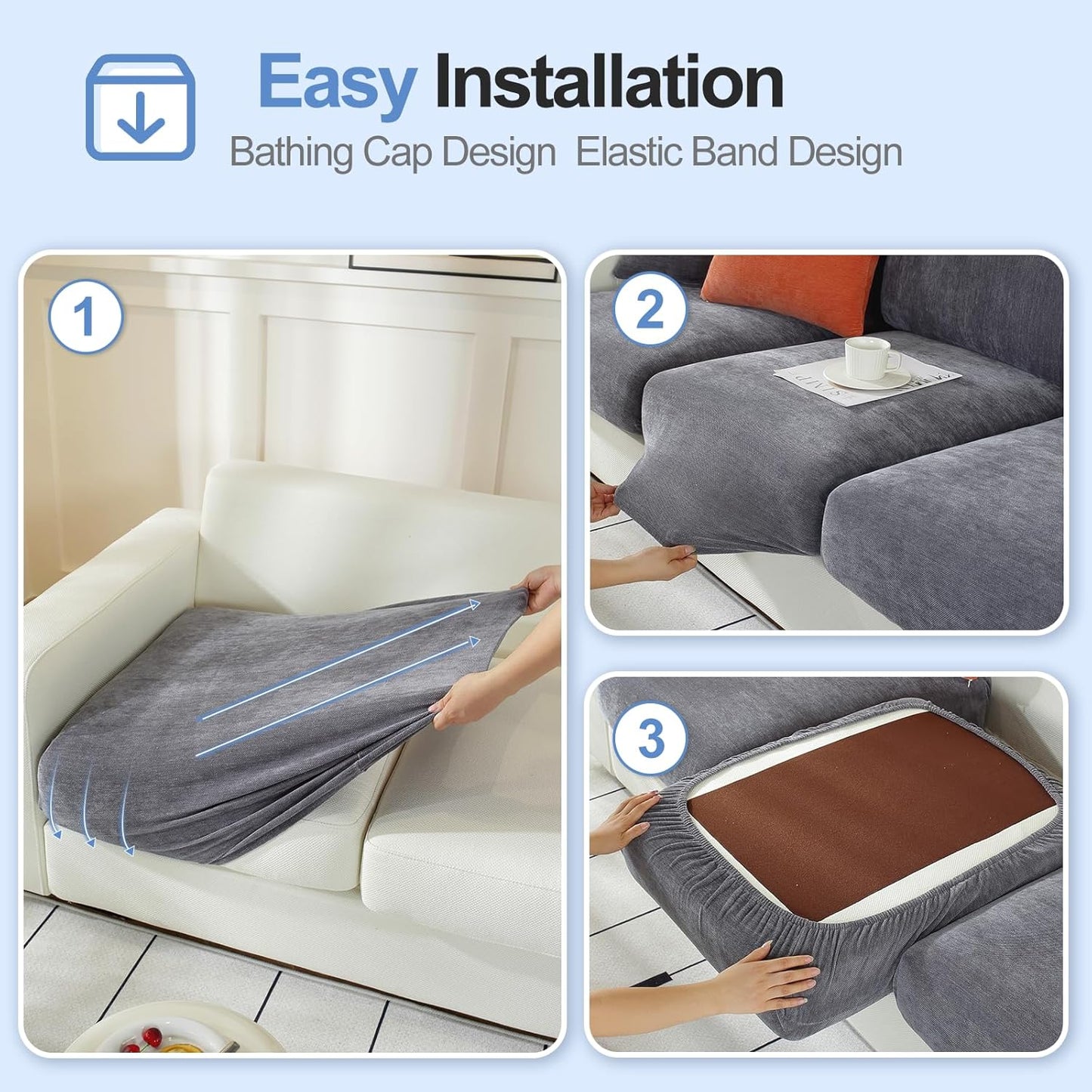 Couch Cushion Covers for L Shaped Sectional Sofa – Softer Chenille Sofa Covers Washable, Non-Slip Stretch Couch Covers & Individual Seat Cushion Slipcovers (3 Piece, Dark Grey)