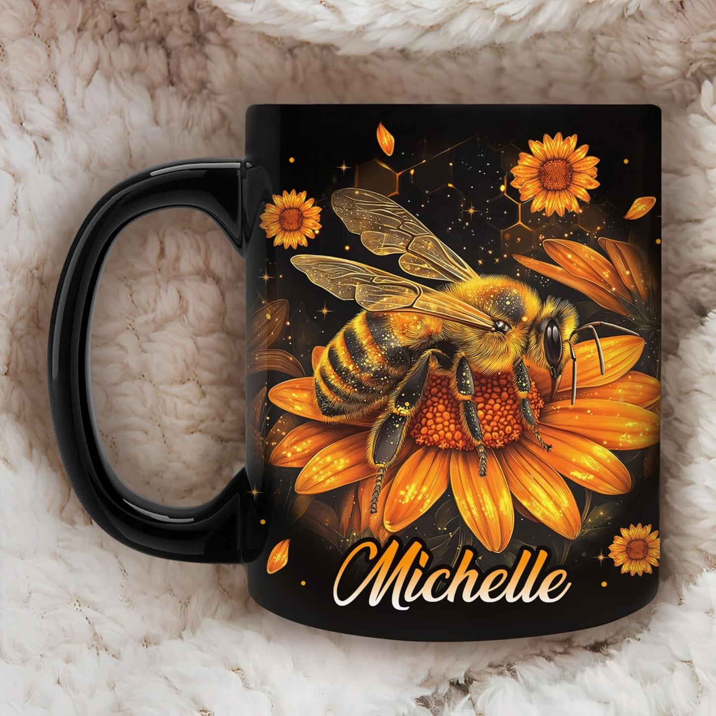 Hyturtle Personalized Sunflower Bee Mug - Bee Keeper Gifts For Women Lovers Teacher - Honey Gifts For Beekeeper Farmer On Birthday - Queen Honeycomb Decor - Custom Coffee Cup Ceramic Mug 11 Oz 15 Oz