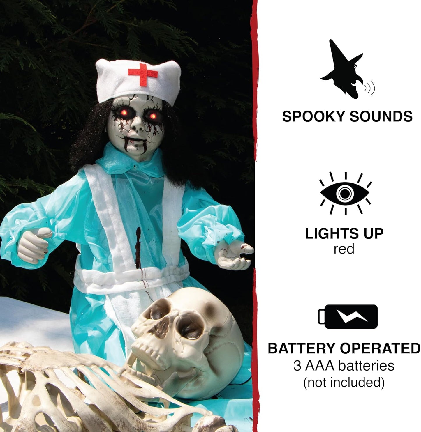 Haunted Hill Farm 1.8 ft. Groundbreaker Zombie Nurse Animatronic with Flashing Red Eyes and Poseable Arms, Creepy Halloween Decoration with Sound Effects, Battery Operated Prop