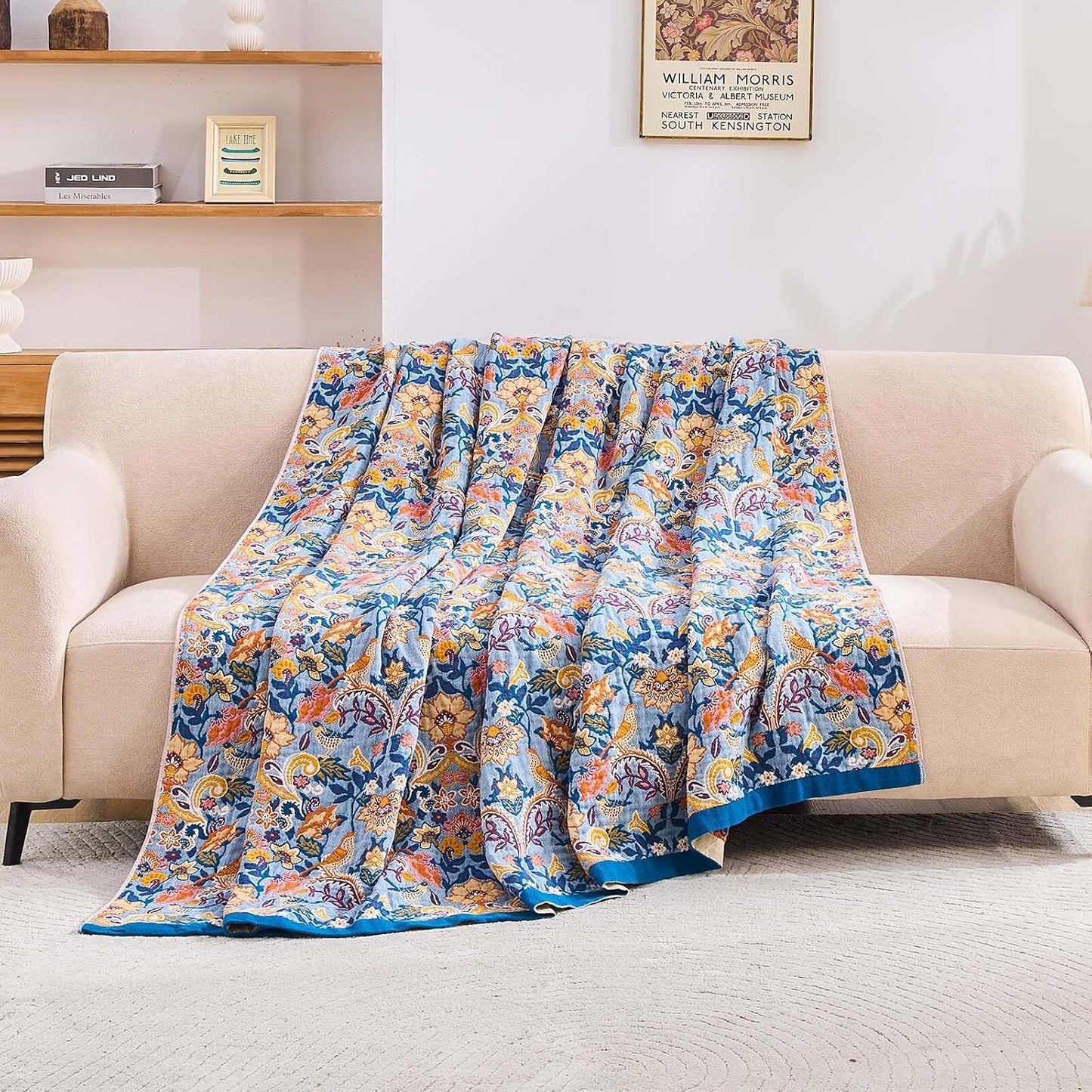 Boho Throw Blanket for Bed, 100% Cotton Soft Rustic Quilt Fall Blanket, 50"x60" Floral Printed Farmhouse Decor Bed Blankets, All Season Rustic Reversible Bohemian Throw Quilt