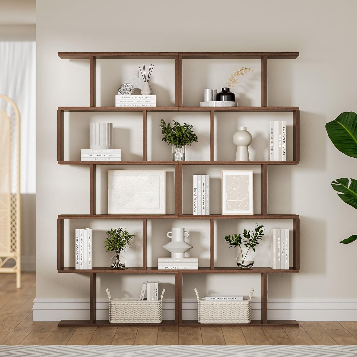 Brown 5-Tier Geometric Bookcase, S-Shaped Modern Bookshelf Set of 2, 62.6" Tall Room Divider Book Shelf, Decorative Display Shelf