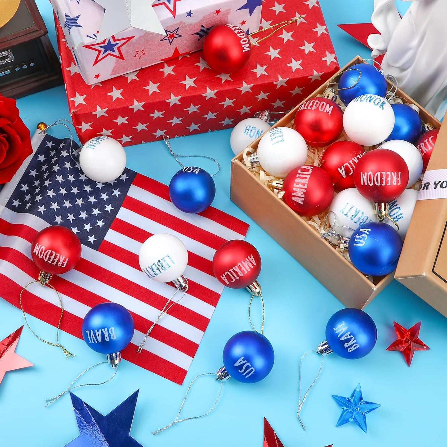 JULMELON 24Pcs 4th of July Patriotic Hanging Ball Ornaments Memorial Day Independence Day Labor Day Hanging Decorations for Home Party Christmas Tree Decor, Blue Red and White