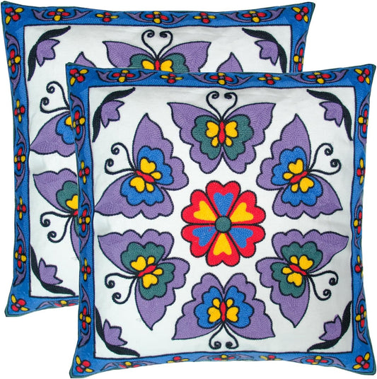 Embroidered Decorative Throw Pillow Cover, 18"x18" Set of 2, Farmhouse Pillowcase Purple Butterfly Knit Pattern Cotton Canvas Cushion Case Square Floral Pillow Case for Sofa Couch Bed Living Room