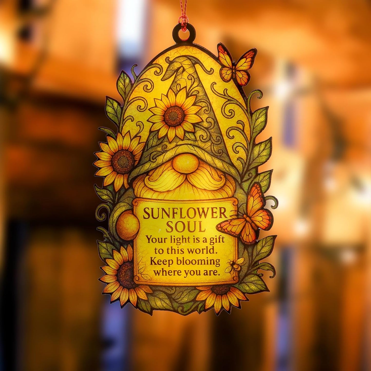 Sunflower Soul Gnome Ornament – Positive Encouragement | Bloom with Light – Butterfly – Uplifting Gift Card [Inspiration Ornament] – Suncatcher Effect Stained Glass Window – Car Hanging