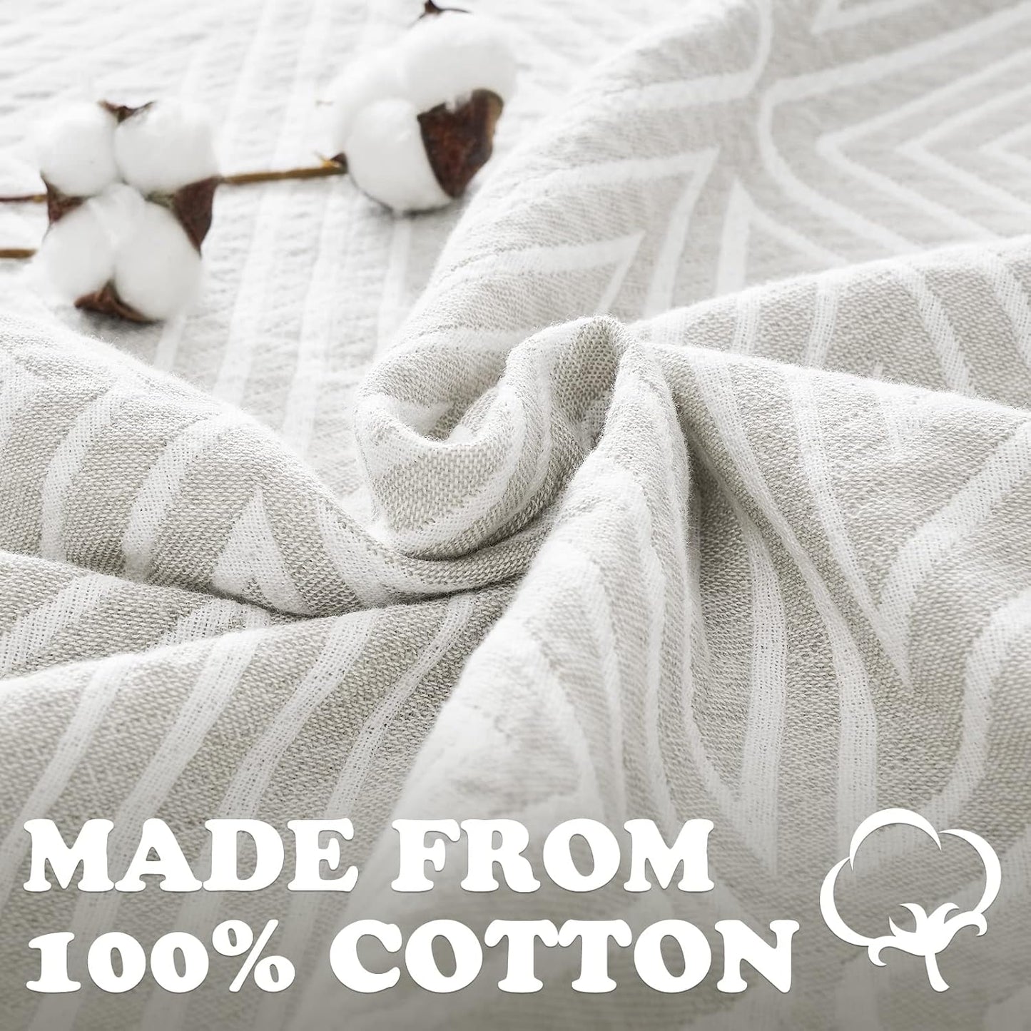 jinchan Boho 100% Cotton Blanket Muslin 50x60 Inches Lightweight 3-Layer Geometric Triangle Striped Pattern Reversible Quilt Throw Soft Breathable Comfy All Seasons for Couch Bed Decor, Light Grey