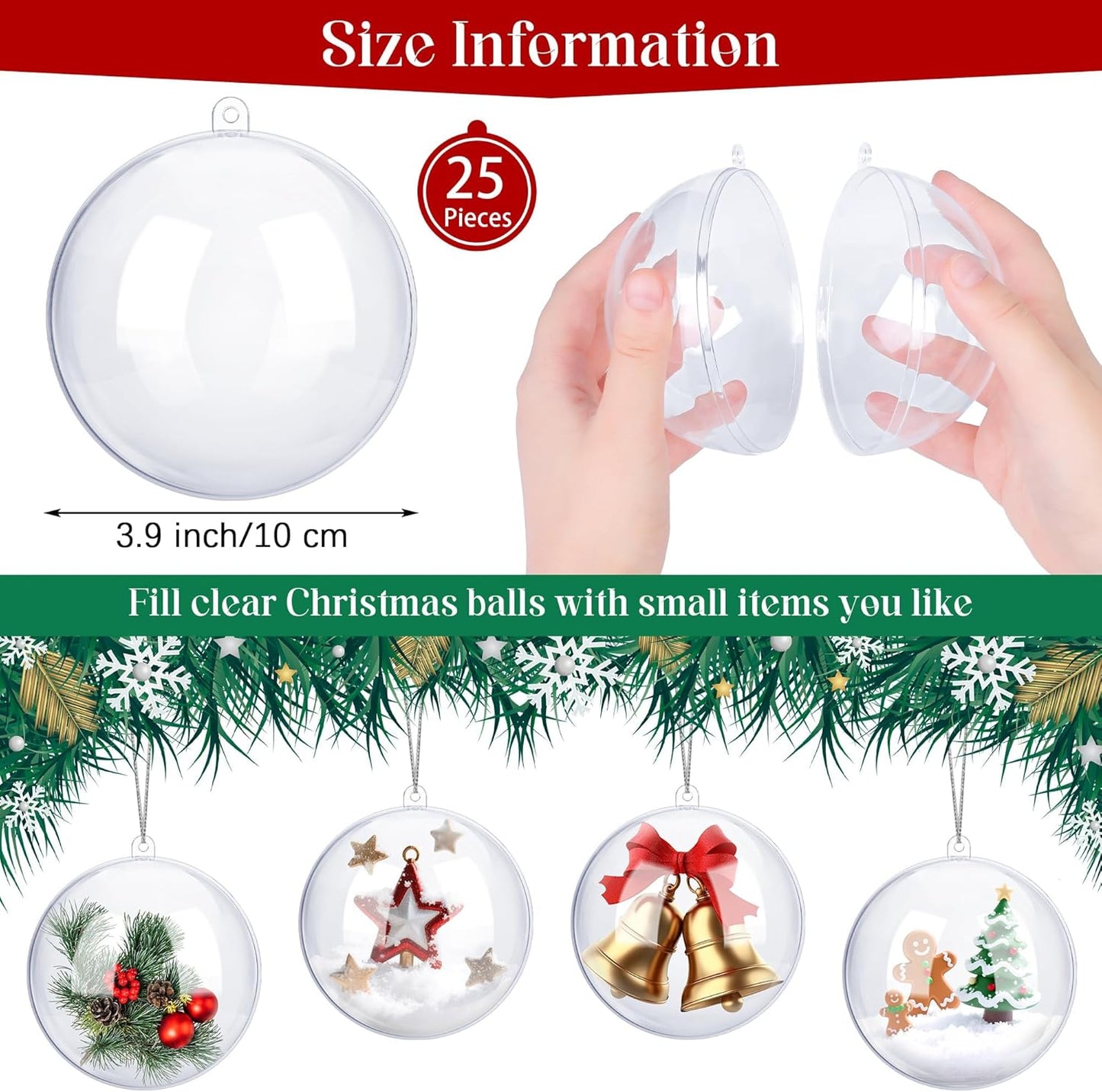 ANVAVO 25 Pieces 10 cm Christmas Clear Plastic Fillable Ball Ornaments DIY Craft Transparent Baubles Shatterproof Christmas Tree Hanging Ornaments for Xmas New Years Birthday Wedding Home Decor