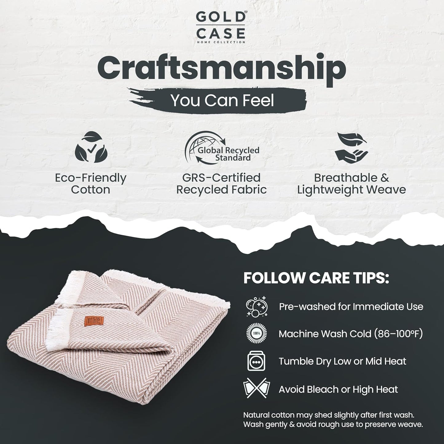 Gold Case Throw Blanket for Couch – 100% Recycled Turkish Cotton Blankets & Throws – Elegant Decorative Throw Blankets for Living Room Sofa – Woven Throws for Couch – Elegant Beige – 50x60