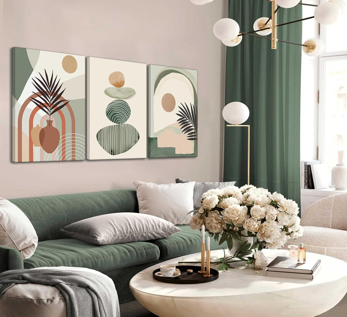 3 Pcs Mid Century Modern Boho Abstract Canvas Wall Art Neutral Green Bohemia Sun and Plant Pictures Wall Decor Posters Print Artwork for Living Room Bedroom Bathroom Office Home Decoration
