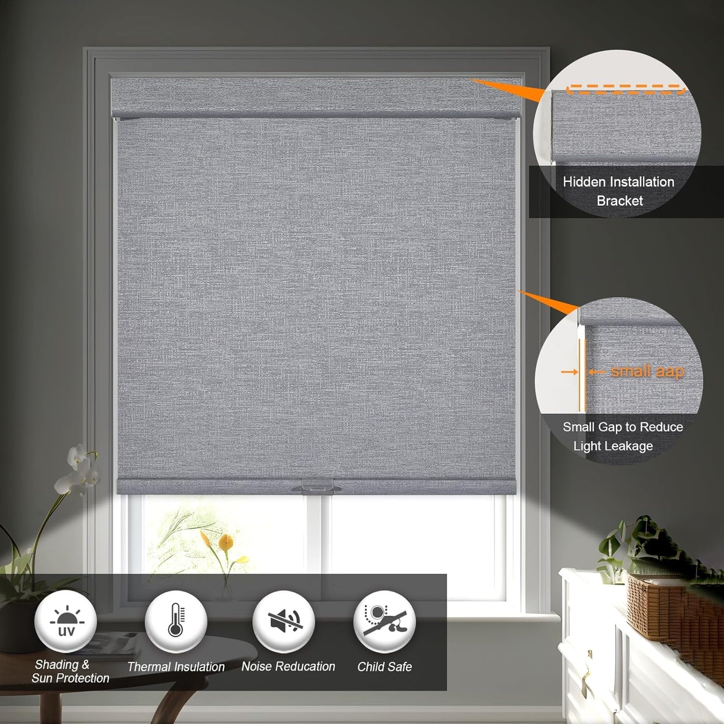 Persilux Blackout Roller Shades for Indoor Windows with Upgraded Cassette, Cordless Shades Window Blinds Pull Down for Doors, Easy to Install for Office/Living Room/Bedroom, Grey(27.5" W x 72" H)