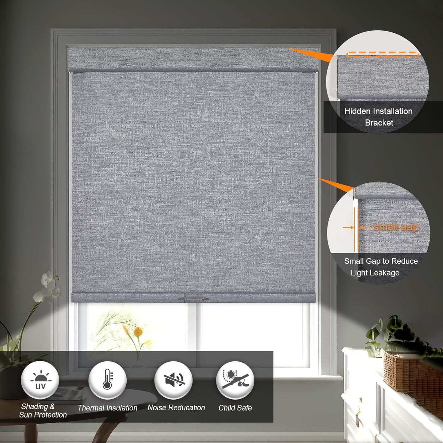 Persilux Blackout Roller Shades for Indoor Windows with Upgraded Cassette, Cordless Shades Window Blinds Pull Down for Doors, Easy to Install for Office/Living Room/Bedroom, Grey(28.5" W x 56" H)