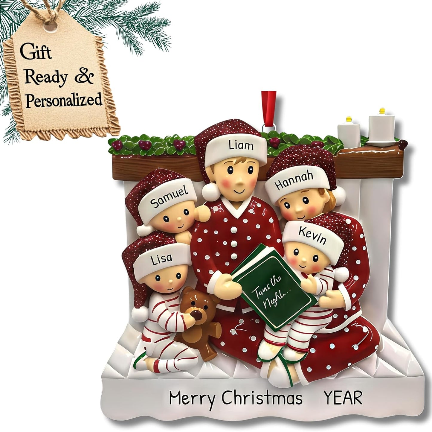 Bedtime Storytelling Family of 5 Christmas Ornament 2025 Personalized Family Christmas Ornaments 2025 | Holiday Reading Personalized Tree Ornaments Customizable Gifts Night and Book of Five Ornament