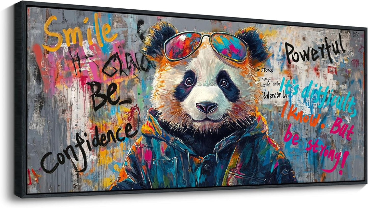 JEAWA Framed Canvas Wall Art - Extra Large Panda Abstract Graffiti Street Art Wall Picture Black and White Paintings Ready to Hang Living Room Bedroom Home Office Inspirational Decor 31.5x70 IN