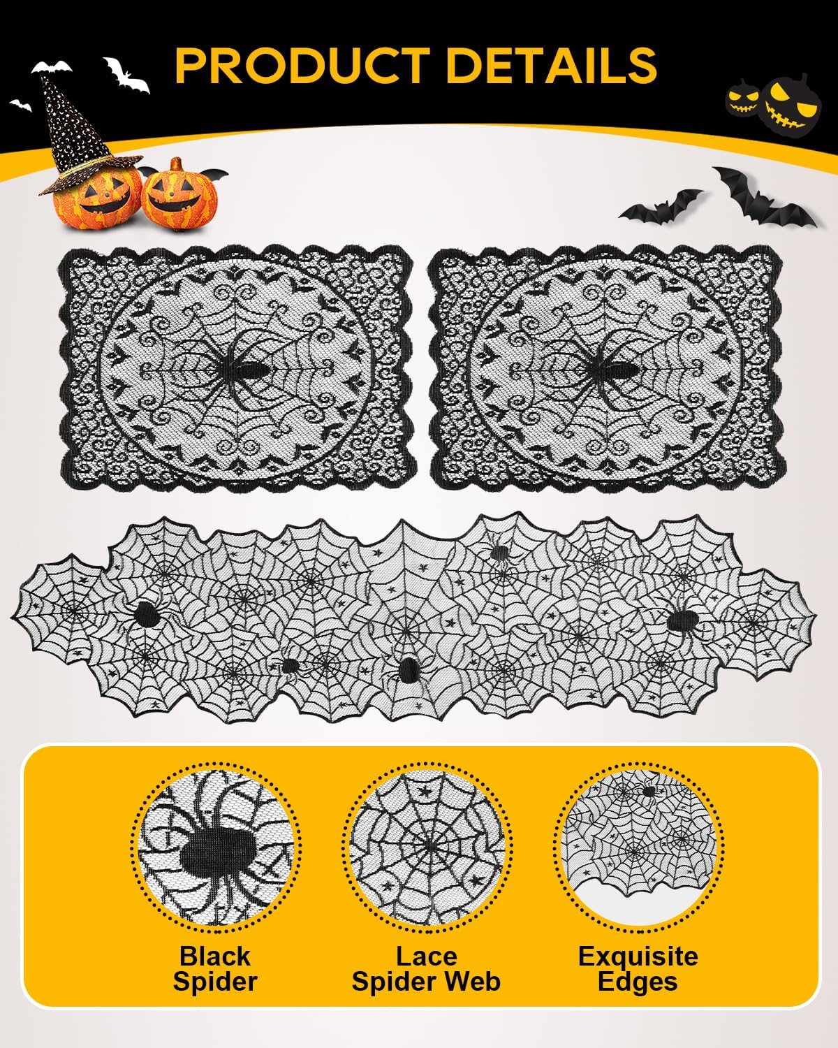 eZAKKA Halloween Table Runner with 4Pcs Placemat, Black Lace Spider Web Table Runners for Parties Gothic Spooky Home Decorations, 18 x 72 Inch