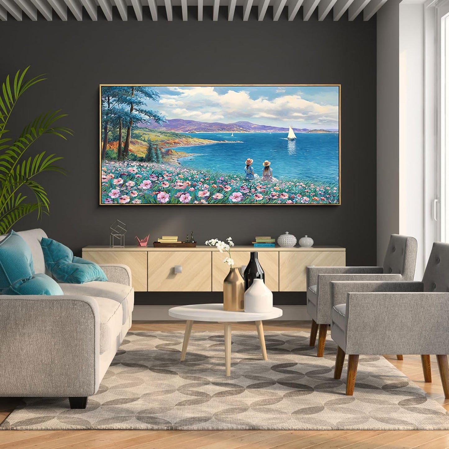 XLSJERST Large Landscape Wall Art - Blue Ocean Pink Flower Sailboat Mountain Tree Decor Orange Frame Artwork for Wall Large Picture for Living Room Bedroom Home Office Wall Decoration Size 29x58