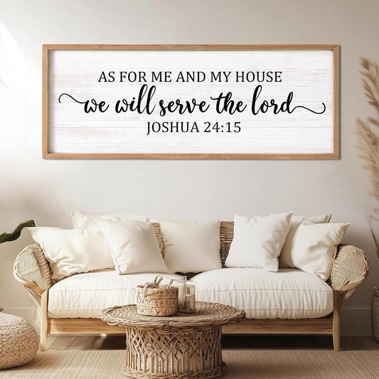 As For Me And My House We Will Serve The Lord Framed Wall Art, 40''×15'' Horizontal Positive Religious Rustic Bible Verse for Christian God Jesus Christ Prayer, Vintage Holy Catholic Scripture Decor