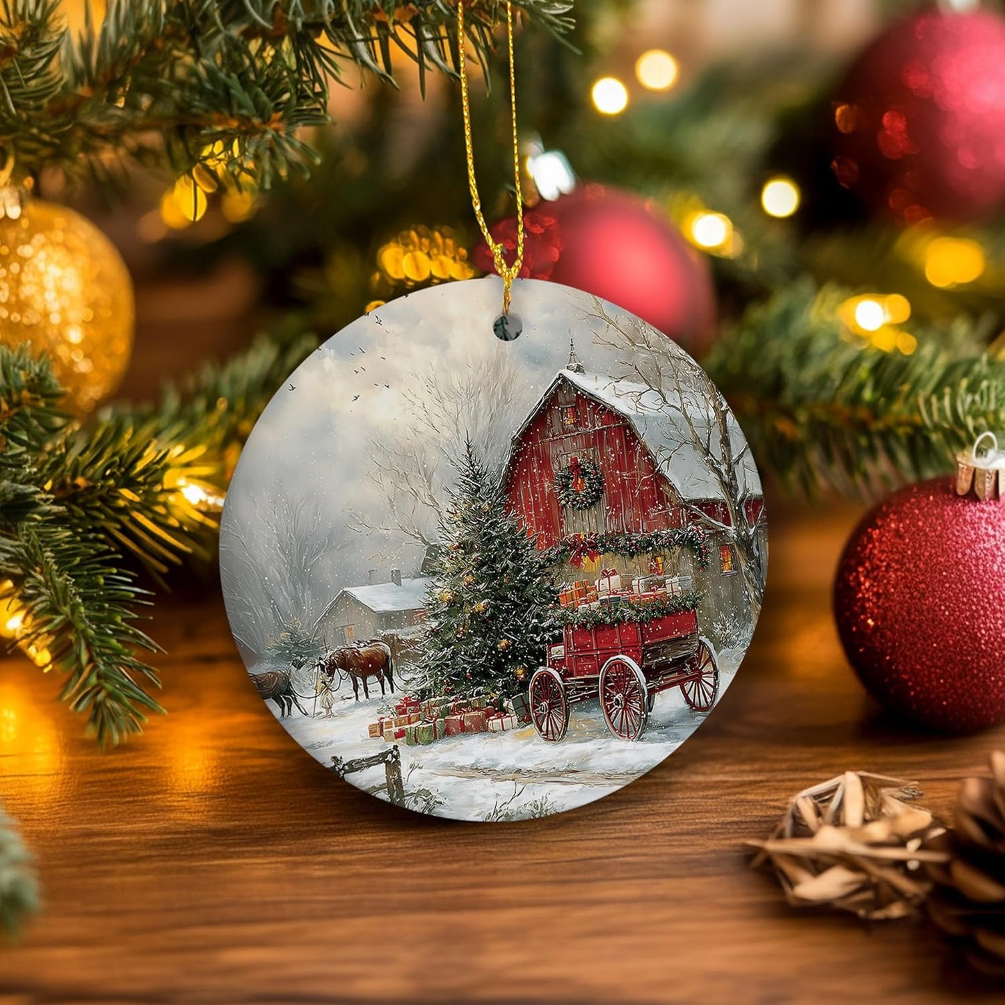 Vintage Christmas Ceramic Ornament Gifts, Retro Rustic Winter Christmas Countryside Decorative Hanging Ornaments for Xmas Tree Holiday Party Decoration, Winter Xmas Tree Decorations