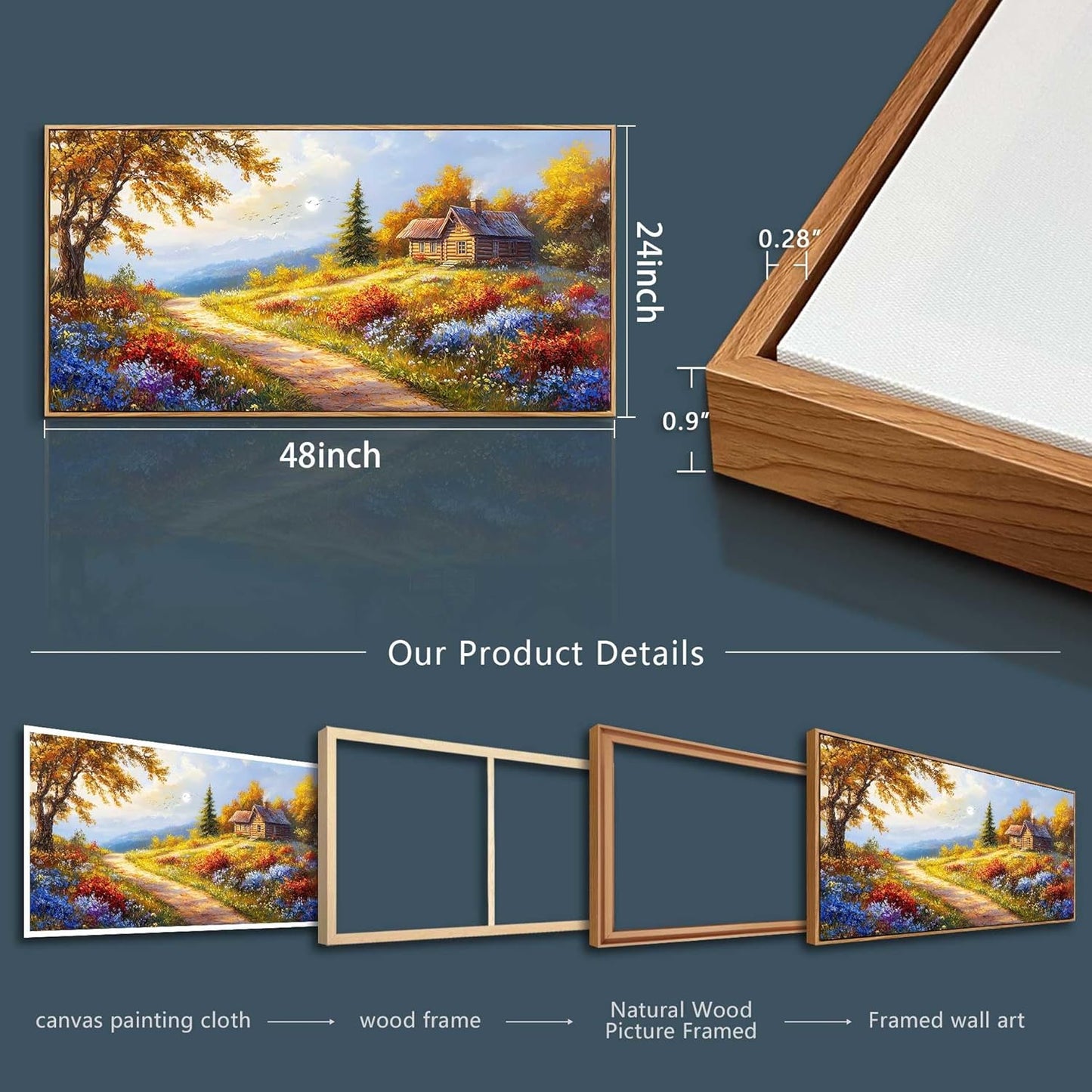 KELIYUAN Large Wall Art For Living Room Framed Canvas Wall Decor For Farmhouse Office Wall Pictures For Bedroom Landscape Painting Prints Dining Room Kitchen Modern Home Decor Wood Framed 24"X48"