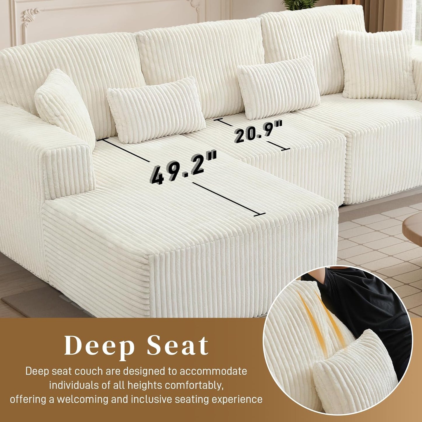 HYJT-H&K Modular Sectional Sofa Cloud Sectional Couch, 107" Comfy Fluffy L Shaped White Couches for Living Room, Deep Seat Memory Foam Plush Corduroy Boneless Couch Sectionals Left Facing Chaise Sofa