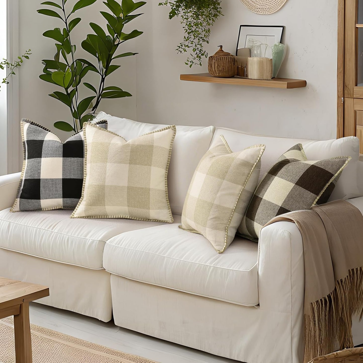 decorUhome Buffalo Plaid Check Throw Pillow Covers 12x20 Set of 2, Outdoor Lumbar Decorative Farmhouse Neutral Pillow Covers with Stitched Edge for Bed Couch Sofa, Brown and Beige