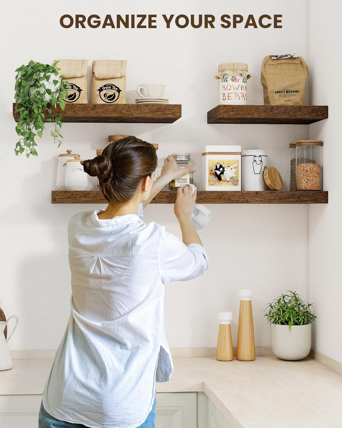 Marsmiles 55" Floating Shelves for Wall, Wooden Shelves with Invisible Brackets Set of 2, Rustic Farmhouse Wall Mounted Shelf for Kitchen Bathroom Living Room Study, Rustic Brown