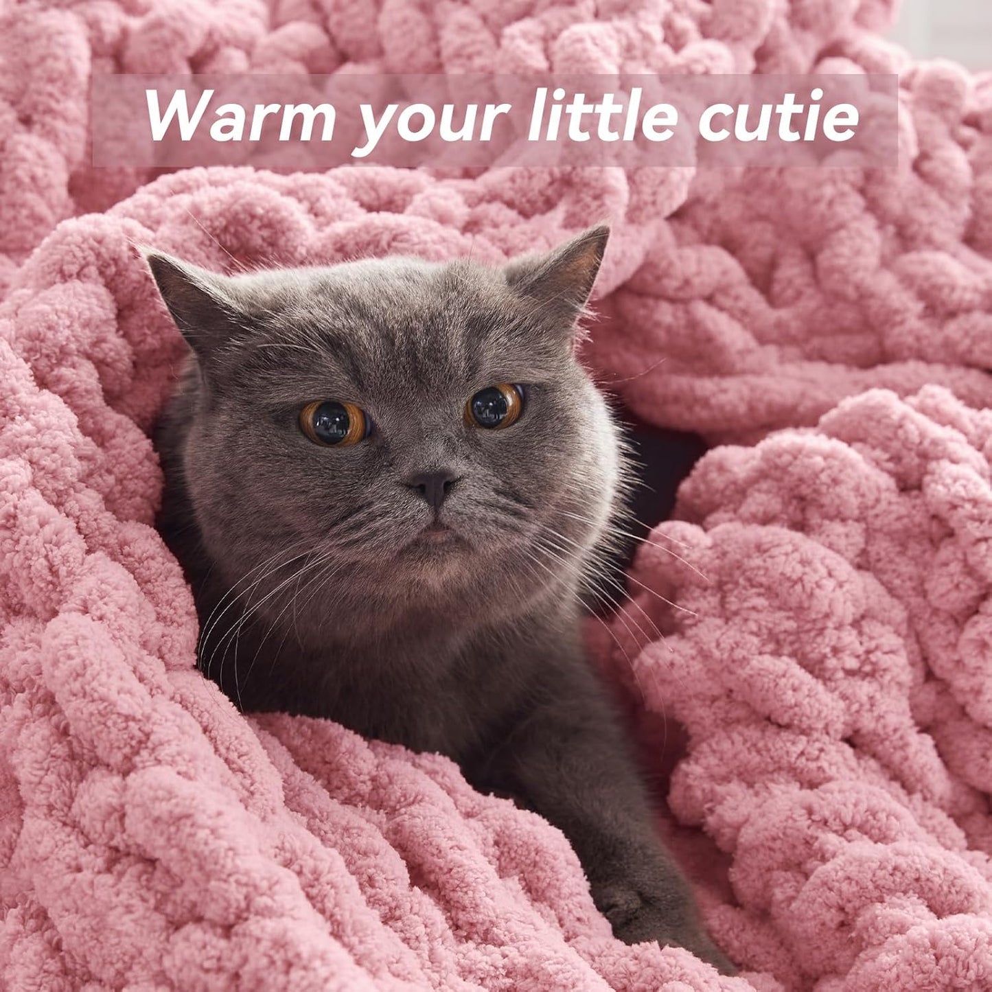 Chunky Knit Throw Blanket, 30''*40'' Knitted Throw Chenille Yarn for Bed Couch, Handmade Light Pink Crochet Big Thick Blanket, Machine Washable Cute Comfy Blanket for Home Decor