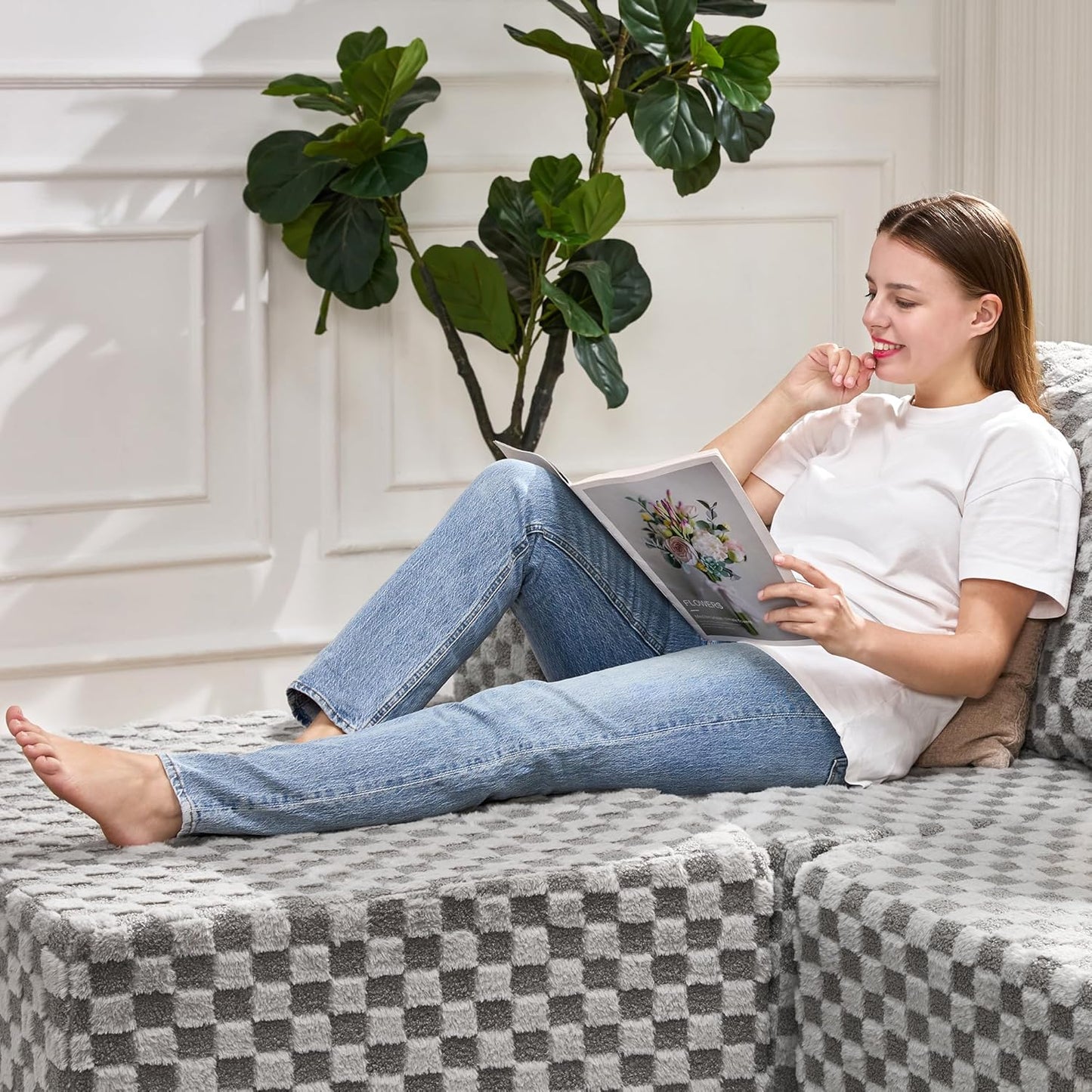 Hobestluk Rectangle Ottoman Memory Foam Footrest for Couch with Removable Cover Large Floor Seating for Adults Ottoman Coffee Table for Living Room, Bedroom or Office (Plush Grey, Footrest)