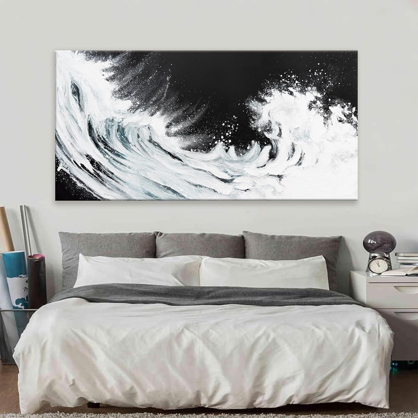 TAIJXAGSG Abstract Wall Art Canvas Art Wall Decor For Living Room Decorations Large Black And White Abstract Wall Decor White Ocean Waves Wall Art For Home Bedroom Kitchen Office Artwork 29x58 Inch