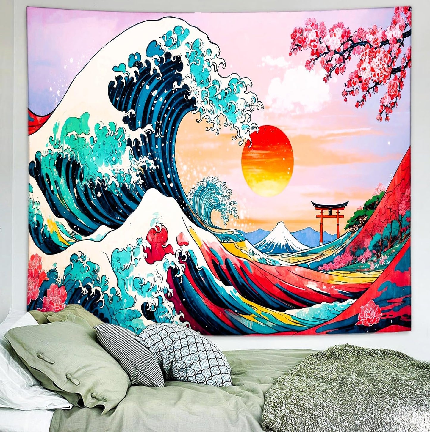 Delur Great Wave Tapestry Japanese Sunset Ocean Sea Wave Off Kanagawa Tapestry Wall Hanging Vintage Asian Anime Cherry Blossom Nature Headboard for Bedroom Living Room Home Decor (59.1" x 78.7")