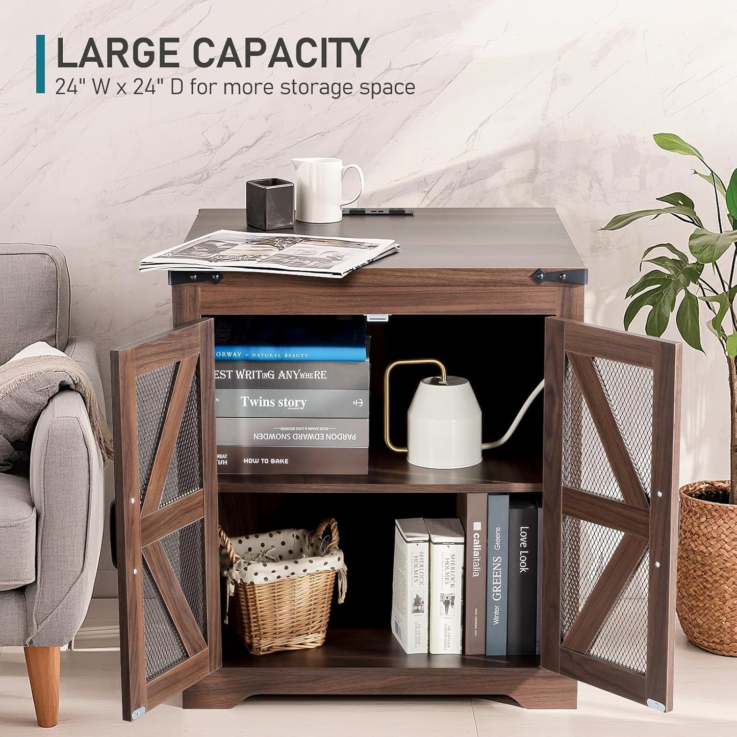 Farmhouse End Table, 24" Large Sofa Side Table with Charging Station, Mesh Barn Door, Rustic Wood Nightstand with Adjustable Storage Shelf, Square Nightstand for Living Room