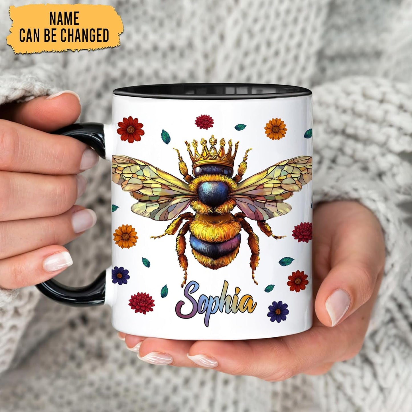 Hyturtle Personalized Floral Bee Mug - Bee Keeper Gifts For Women Lovers Teacher - Honey Gifts For Beekeeper Farmer On Birthday - Queen Honeycomb Decor - Custom Coffee Cup Ceramic Mug 11 Oz 15 Oz