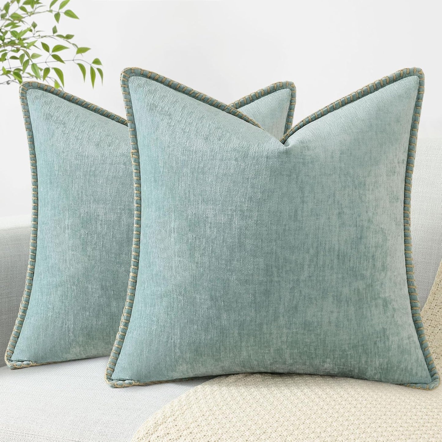 decorUhome Chenille Soft Throw Pillow Covers 18x18 Set of 2, Farmhouse Velvet Neutral Decorative Euro Pillow Covers with Stitched Edge for Couch Sofa Bed Home Decor, Aqua Haze