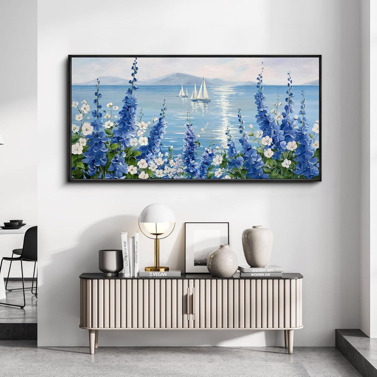 XLSJERST Large Sailboat Wall Art - Blue Canvas Abstract Painting Textured Picture Artwork Vintage Nautical Flower Painting Coastal Modern Print 24"x48" Frame for Living Room Office Home Decoration